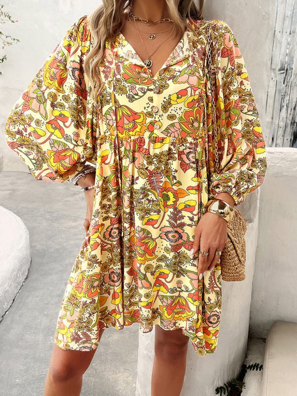 New V - neck loose casual full - body printed dress - Casual Dress